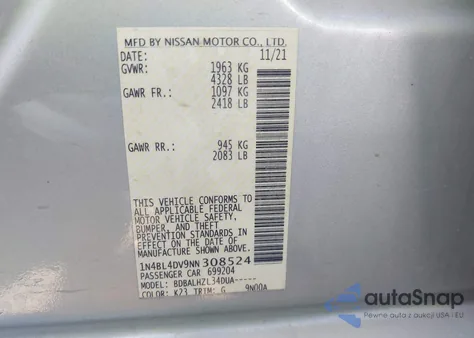 2022 Nissan Altima Sv Fwd z USA, uszkodzony, nr VIN 1N4BL4DV9NN308524